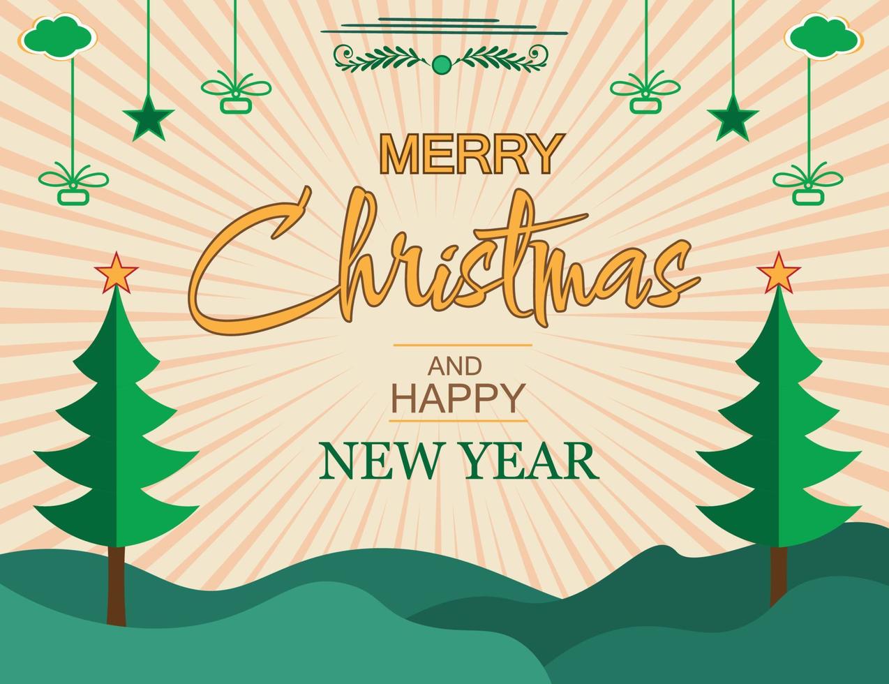 Merry Christmas and New Year text on brown background with christmas tree vector