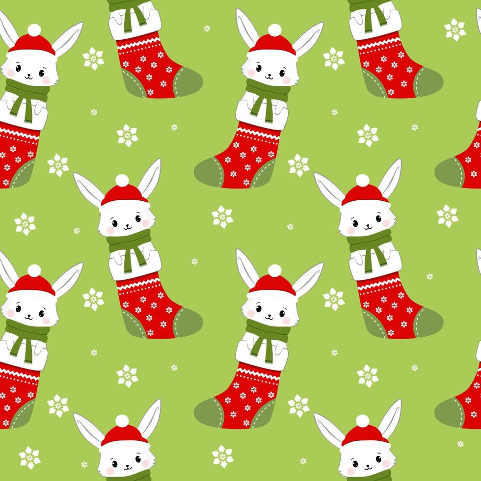 Draw character cute rabbit in Christmas sock for Christmas day and new year. Draw doodle cartoon style. Seamless Christmas pattern. vector