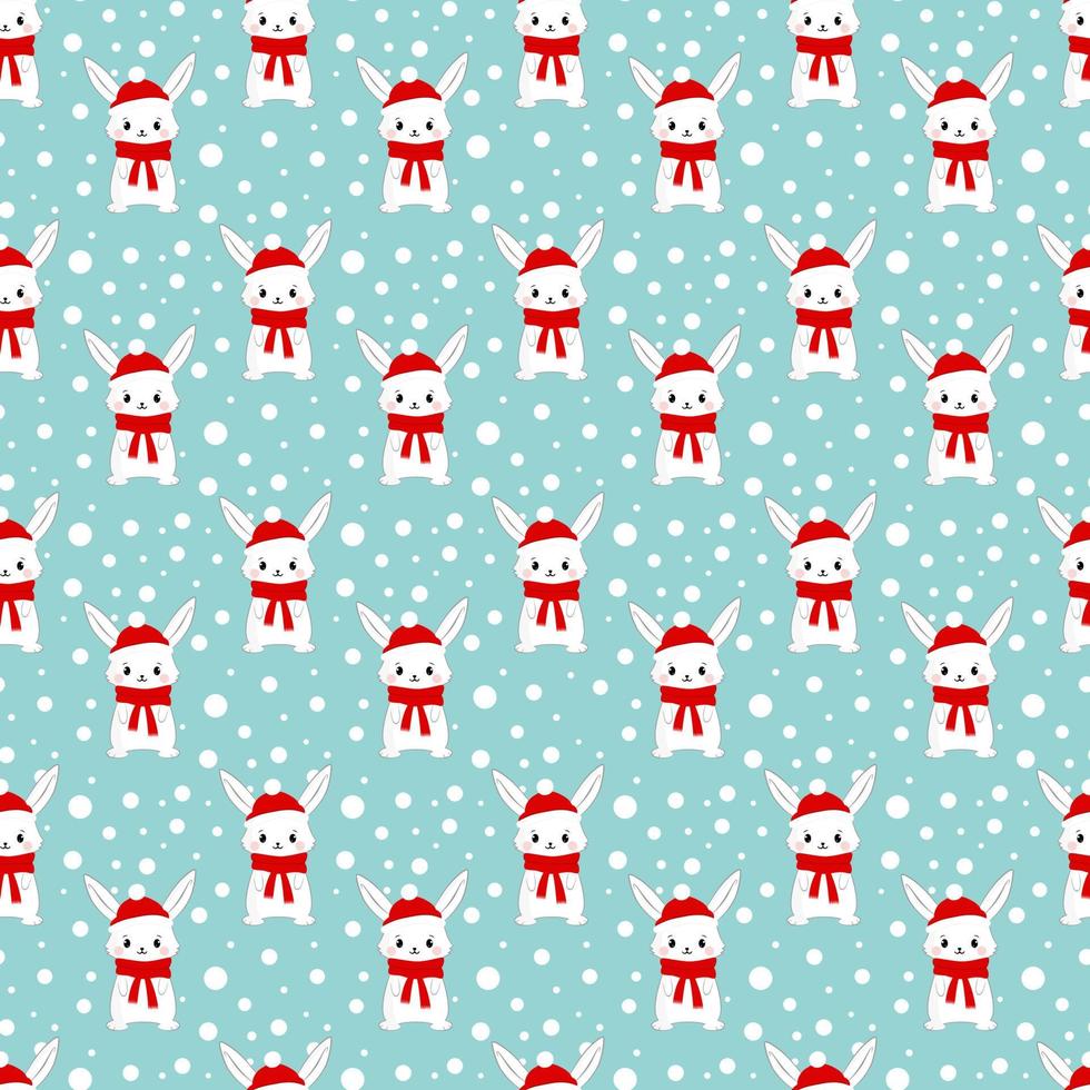 Vector Seamless Pattern with Cute Bunnies. Winter Holiday Background with Cartoon Doodle Rabbits. Hare with red hat and scarf. Print for Christmas or New Year Chinese zodiac 2023