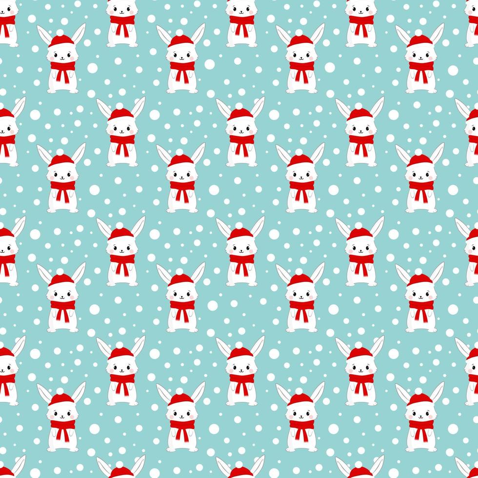 Vector Seamless Pattern with Cute Bunnies. Winter Holiday Background with Cartoon Doodle Rabbits. Hare with red hat and scarf. Print for Christmas or New Year Chinese zodiac 2023