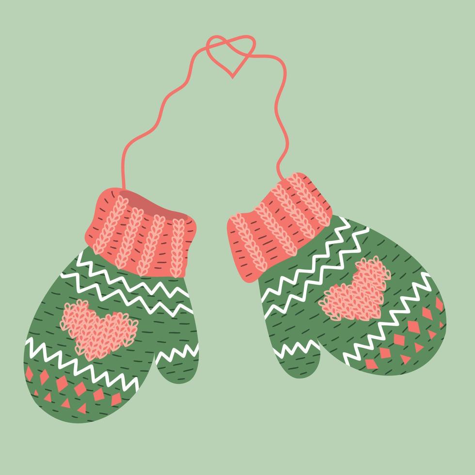 Pair of woolen knitted mittens. vector