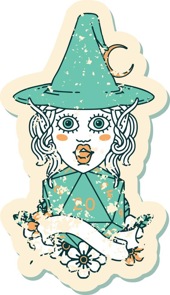 Retro Tattoo Style elf mage character with natural twenty dice roll vector