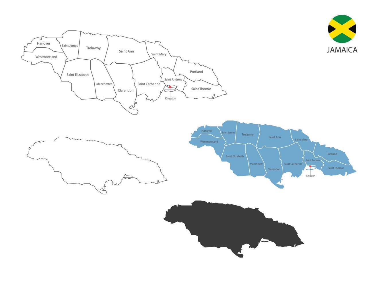 4 estilo de ilustración de vector de mapa de jamaica tiene toda la provincia y marca la ciudad capital de jamaica. por estilo de simplicidad de contorno negro delgado y estilo de sombra oscura. aislado sobre fondo blanco.