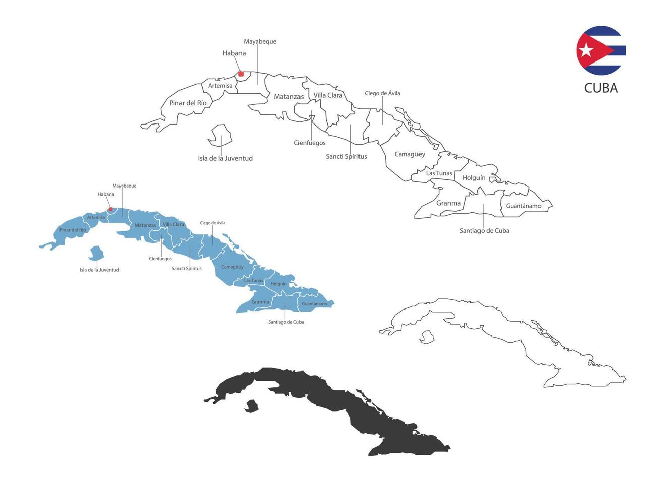 4 style of Cuba map vector illustration have all province and mark the capital city of Cuba. By thin black outline simplicity style and dark shadow style. Isolated on white background.