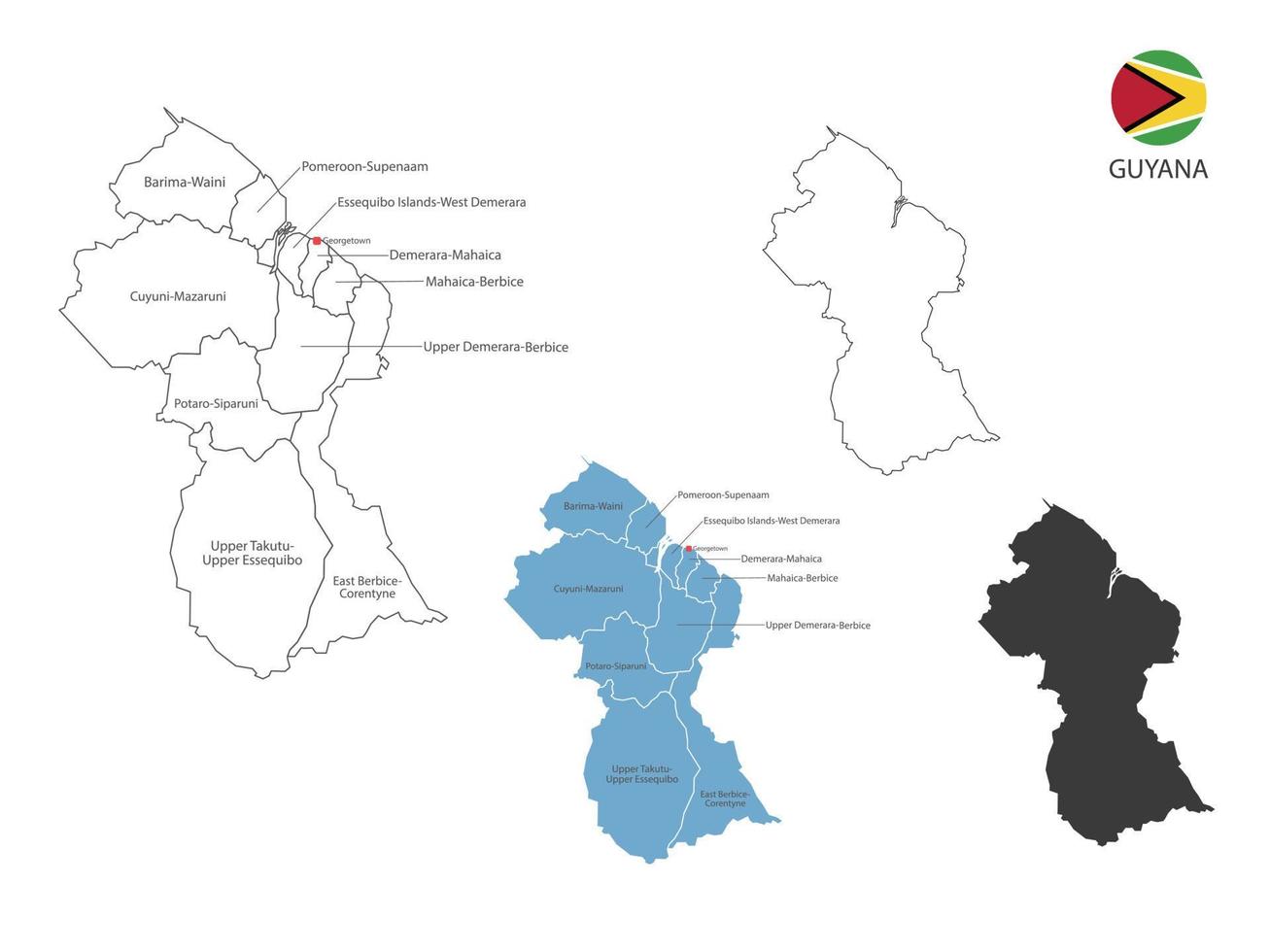 4 style of Guyana map vector illustration have all province and mark the capital city of Guyana. By thin black outline simplicity style and dark shadow style. Isolated on white background.