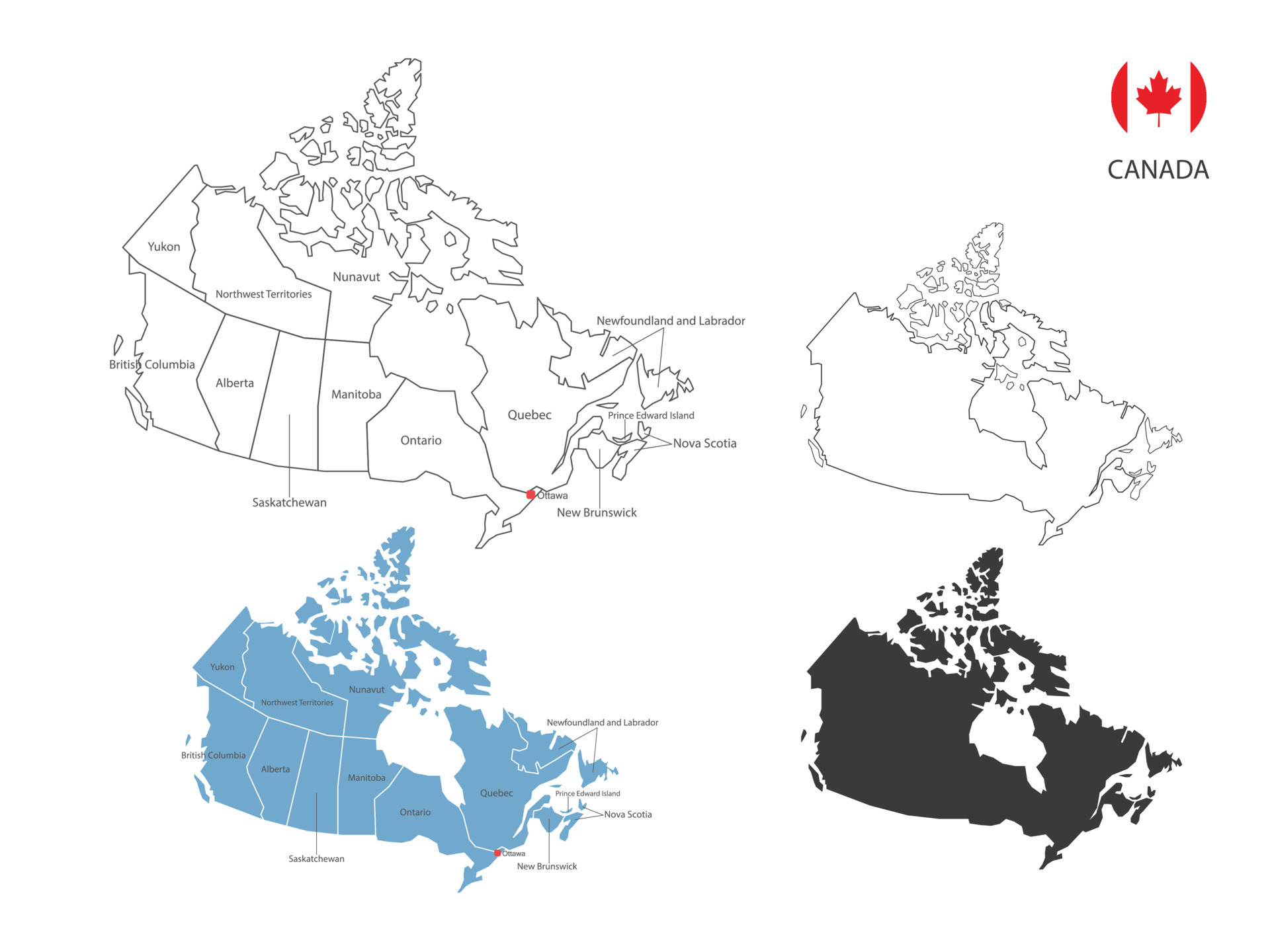 4 estilo de ilustración de vector de mapa de canadá tiene toda la provincia y marca la ciudad