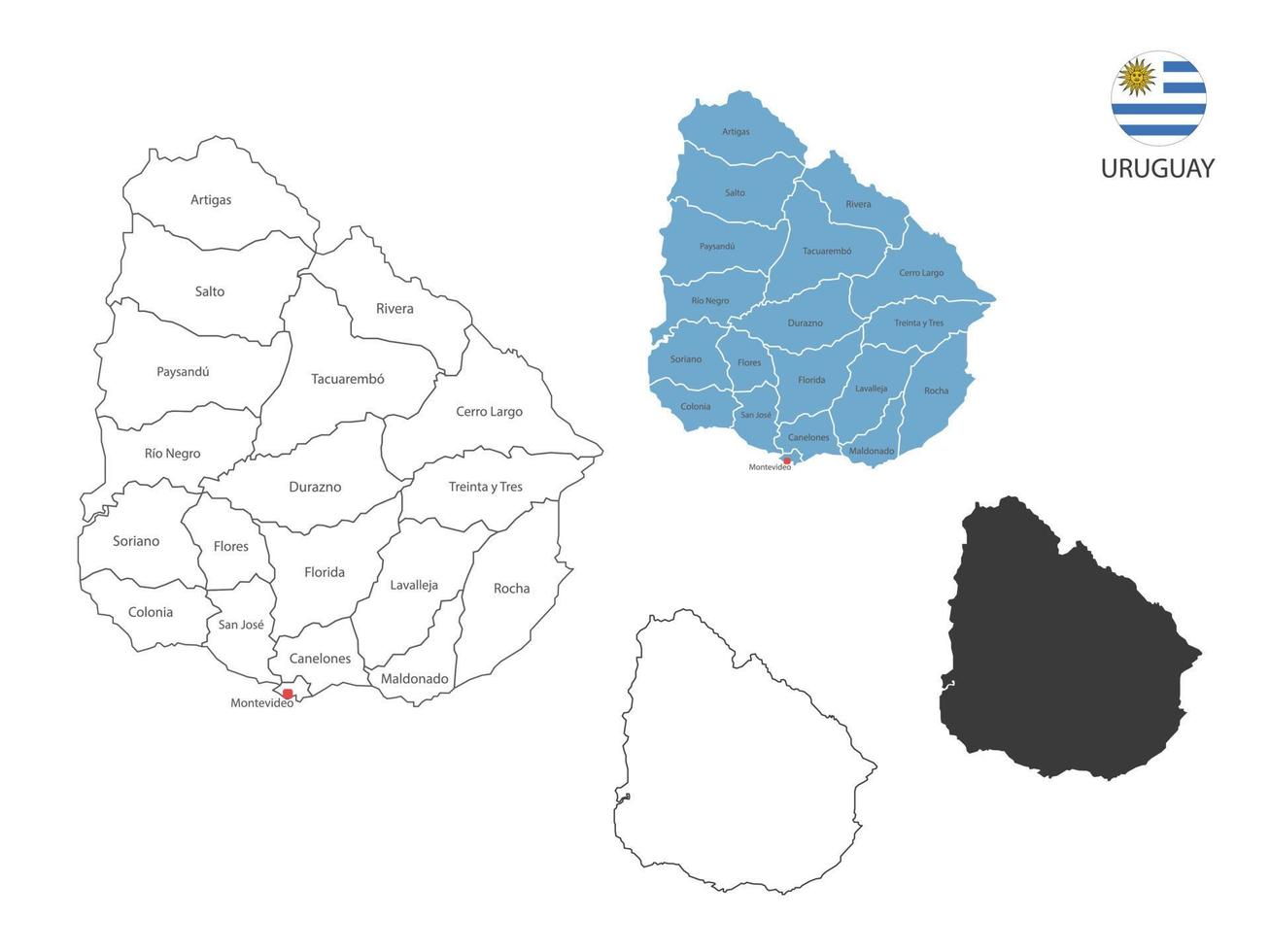 4 style of Uruguay map vector illustration have all province and mark the capital city of Uruguay. By thin black outline simplicity style and dark shadow style. Isolated on white background.