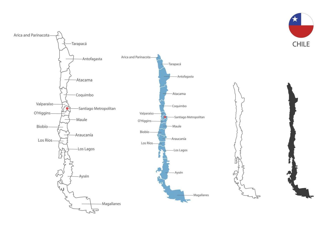 4 style of Chile map vector illustration have all province and mark the capital city of Chile. By thin black outline simplicity style and dark shadow style. Isolated on white background.