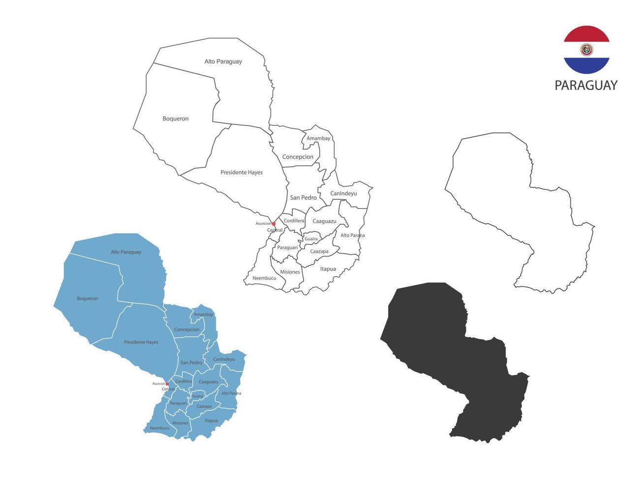 4 estilo de ilustración de vector de mapa de paraguay tiene toda la provincia y marca la ciudad capital de paraguay. por estilo de simplicidad de contorno negro delgado y estilo de sombra oscura. aislado sobre fondo blanco.