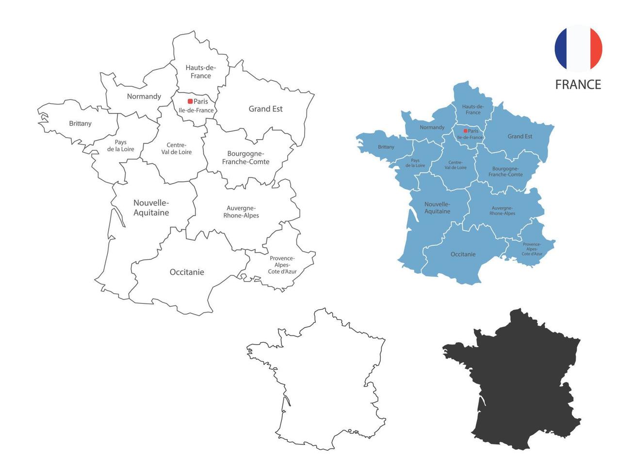 4 style of France map vector illustration have all province and mark the capital city of France. By thin black outline simplicity style and dark shadow style. Isolated on white background.