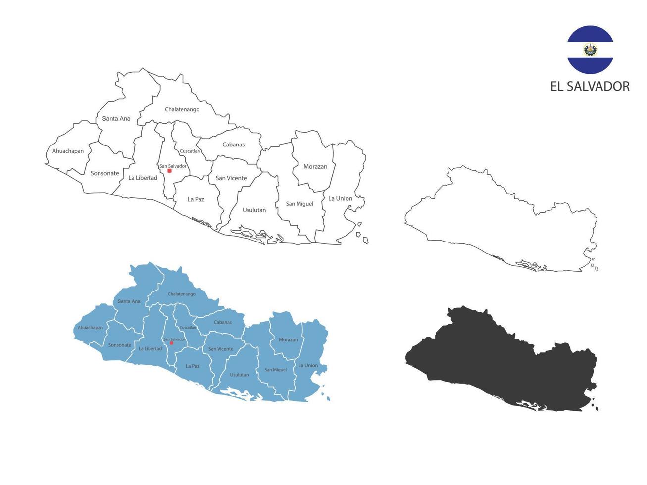 4 style of El salvador map vector illustration have all province and mark the capital city of El salvador. By thin black outline simplicity style and dark shadow style. Isolated on white background.