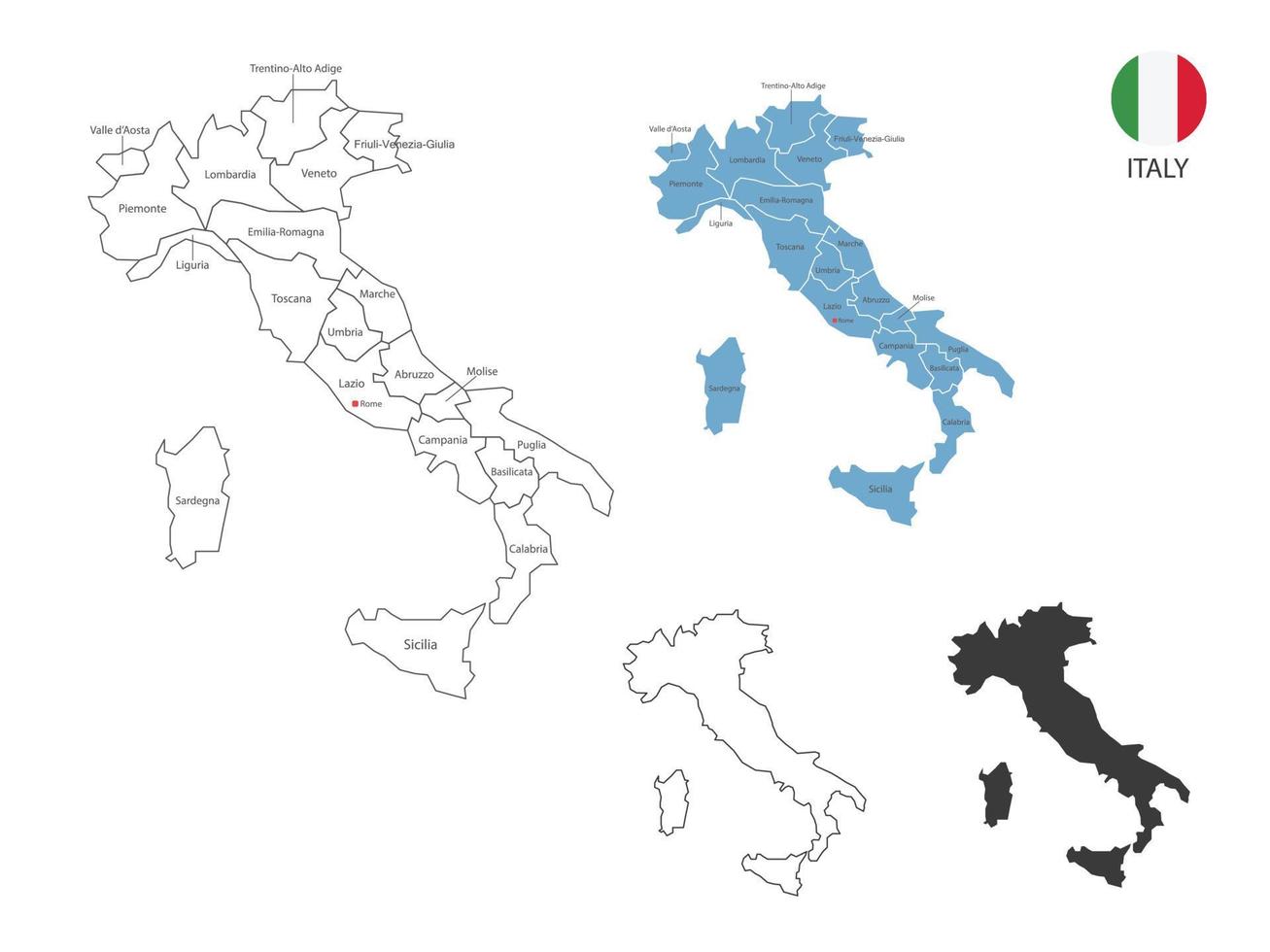 4 estilo de ilustración de vector de mapa de italia tiene toda la provincia y marca la ciudad capital de italia. por estilo de simplicidad de contorno negro delgado y estilo de sombra oscura. aislado sobre fondo blanco.