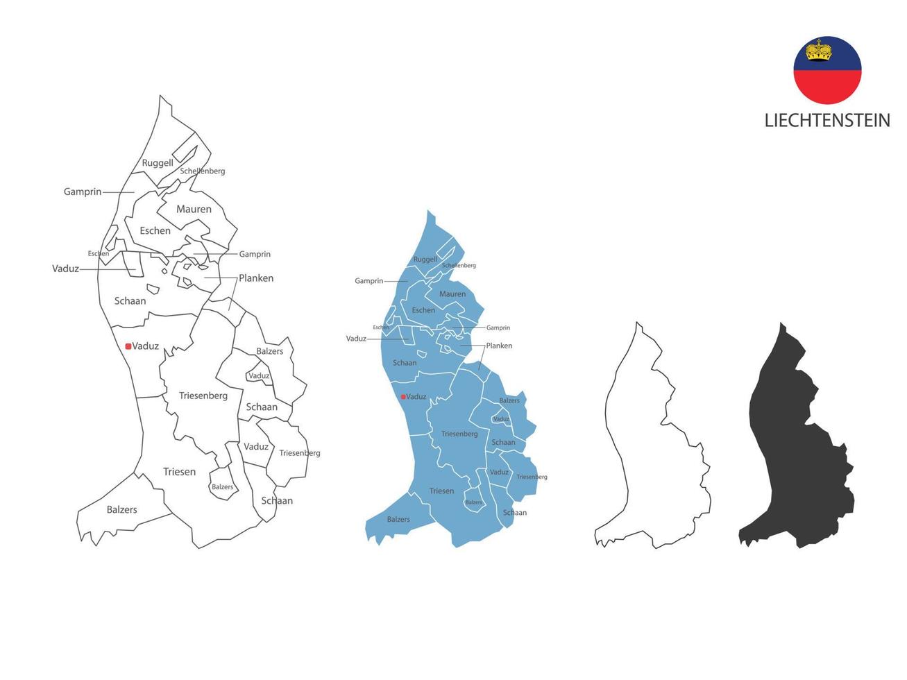 4 estilo de ilustración de vector de mapa de Liechtenstein tienen todas las provincias y marcan la ciudad capital de Liechtenstein. por estilo de simplicidad de contorno negro delgado y estilo de sombra oscura.