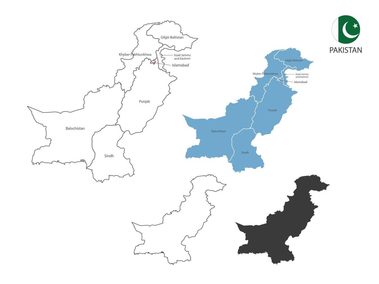 4 estilo de ilustración de vector de mapa de pakistán tiene toda la provincia y marca la ciudad capital de pakistán. por estilo de simplicidad de contorno negro delgado y estilo de sombra oscura. aislado sobre fondo blanco.