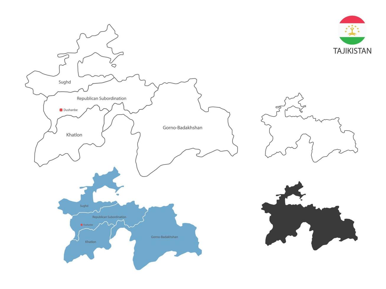 4 estilo de ilustración de vector de mapa de tayikistán tienen todas las provincias y marcan la ciudad capital de tayikistán. por estilo de simplicidad de contorno negro delgado y estilo de sombra oscura. aislado sobre fondo blanco.