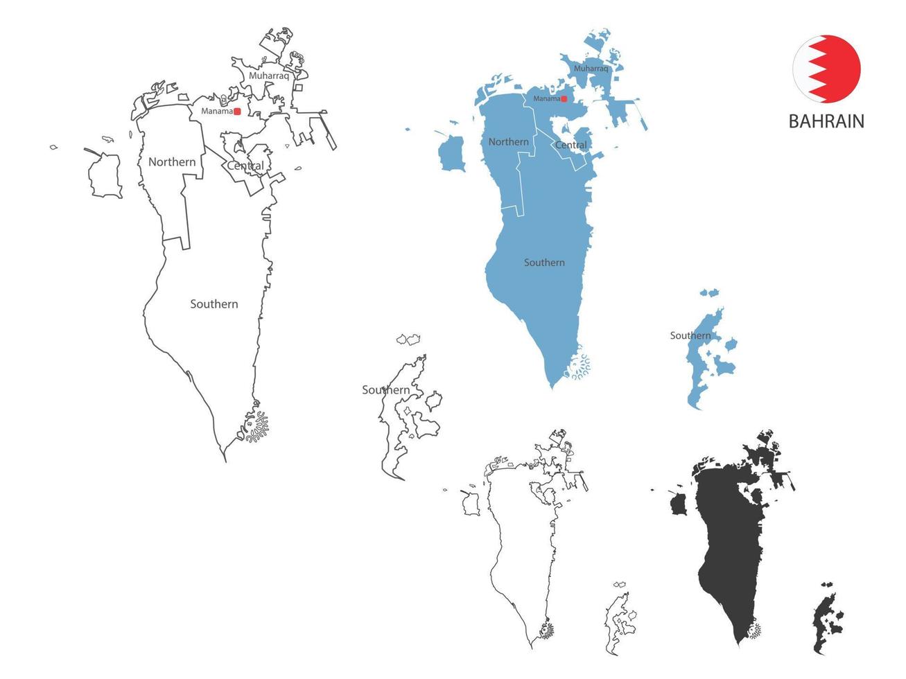 4 estilo de ilustración de vector de mapa de bahrein tiene toda la provincia y marca la ciudad capital de bahrein. por estilo de simplicidad de contorno negro delgado y estilo de sombra oscura. aislado sobre fondo blanco.