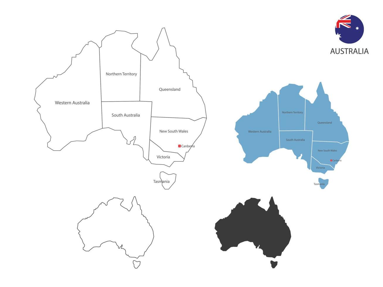 4 estilo de ilustración de vector de mapa de australia tienen todas las provincias y marcan la ciudad capital de australia. por estilo de simplicidad de contorno negro delgado y estilo de sombra oscura. aislado sobre fondo blanco.