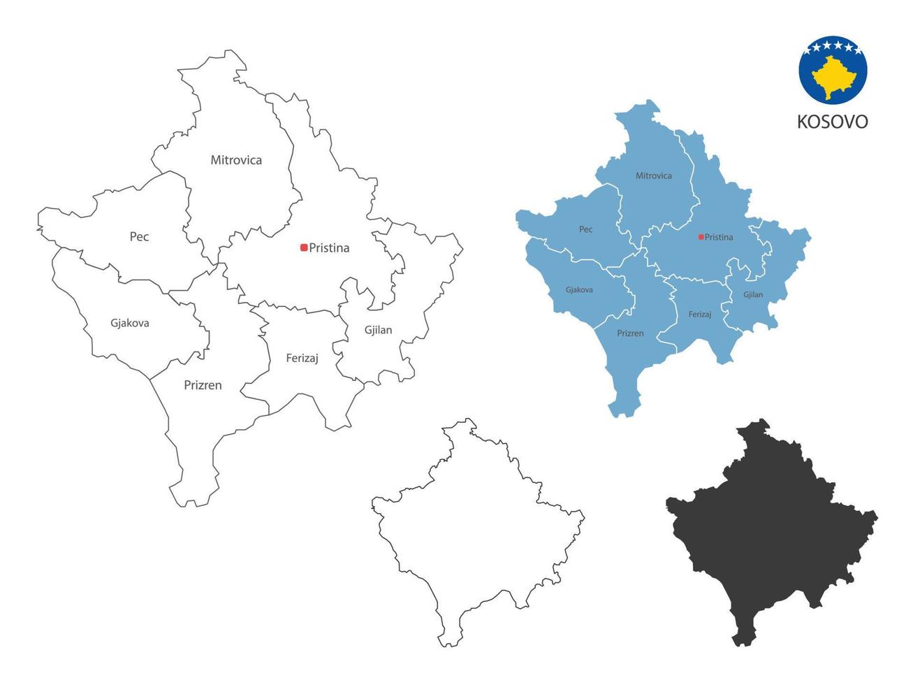 4 style of Kosovo map vector illustration have all province and mark the capital city of Kosovo. By thin black outline simplicity style and dark shadow style. Isolated on white background.