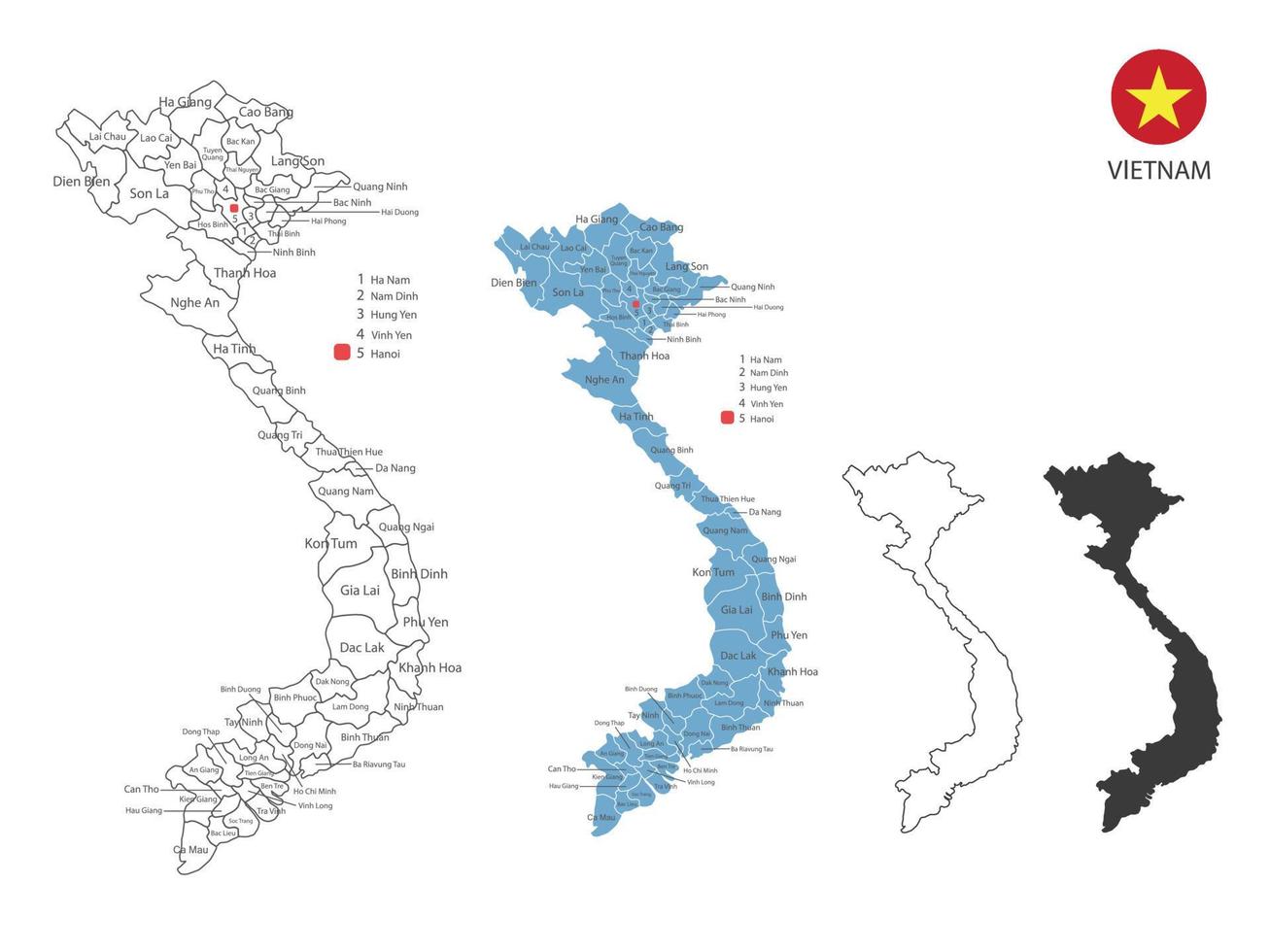 4 style of Vietnam map vector illustration have all province and mark the capital city of Vietnam. By thin black outline simplicity style and dark shadow style. Isolated on white background.