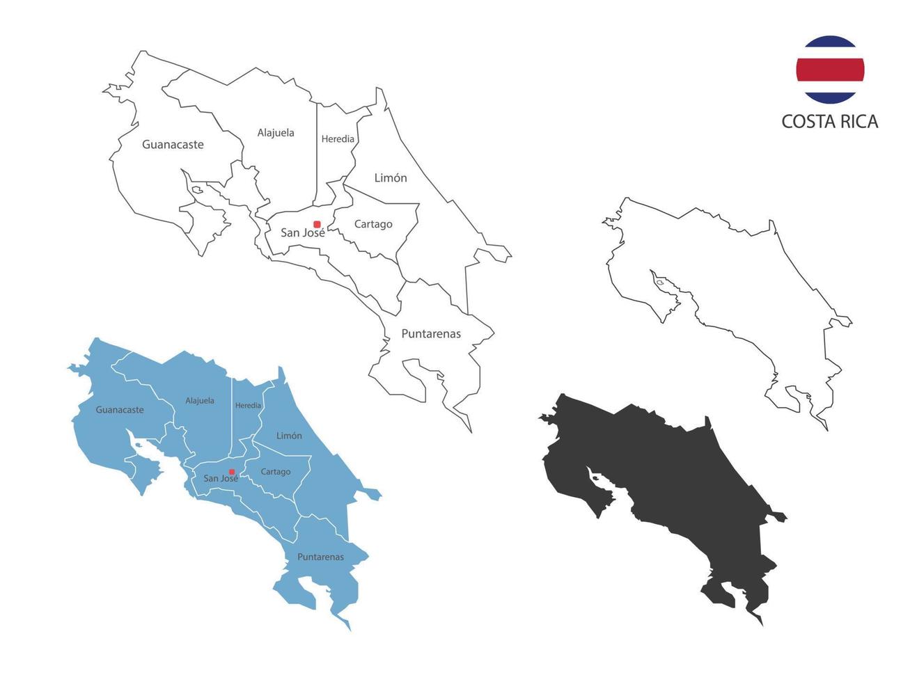 4 Style Of Costa Rica Map Vector Illustration Have All Province And Mark The Capital City Of 5081