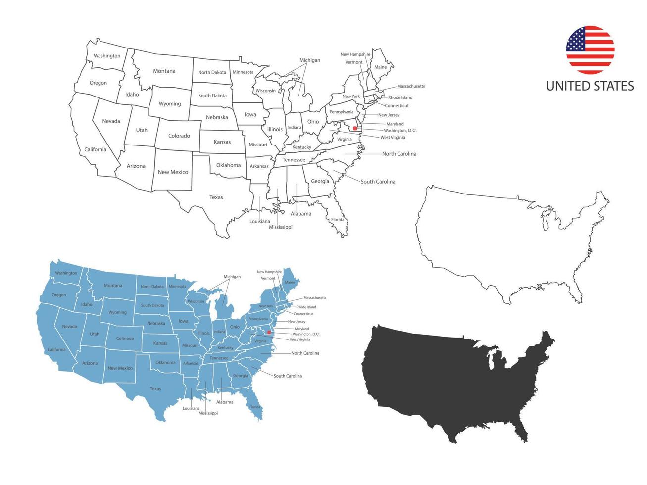 4 style of USA map vector illustration have all province and mark the capital city of USA. By thin black outline simplicity style and dark shadow style. Isolated on white background.