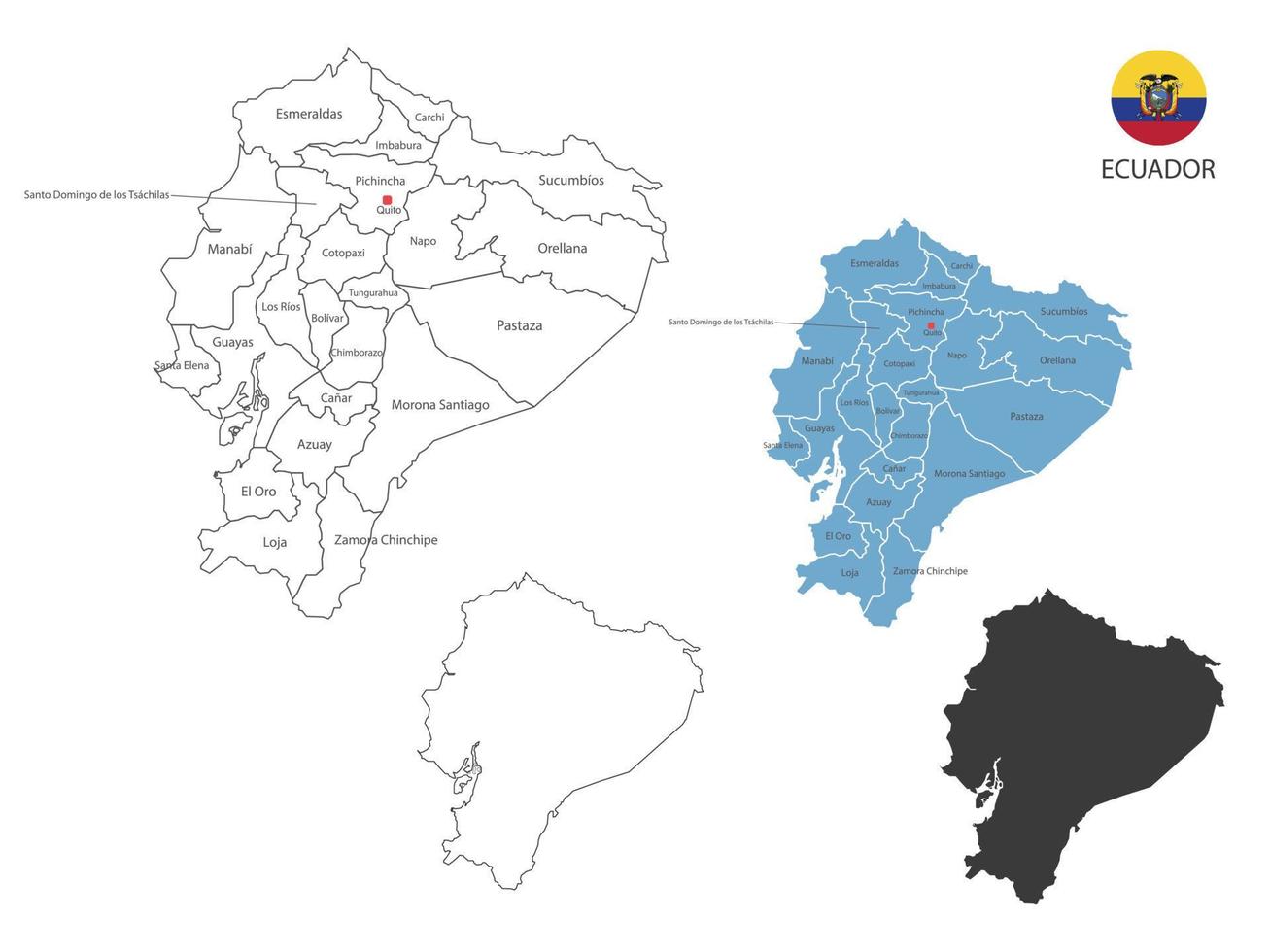 4 estilo de ilustración de vector de mapa de ecuador tienen todas las provincias y marcan la ciudad capital de ecuador. por estilo de simplicidad de contorno negro delgado y estilo de sombra oscura. aislado sobre fondo blanco.