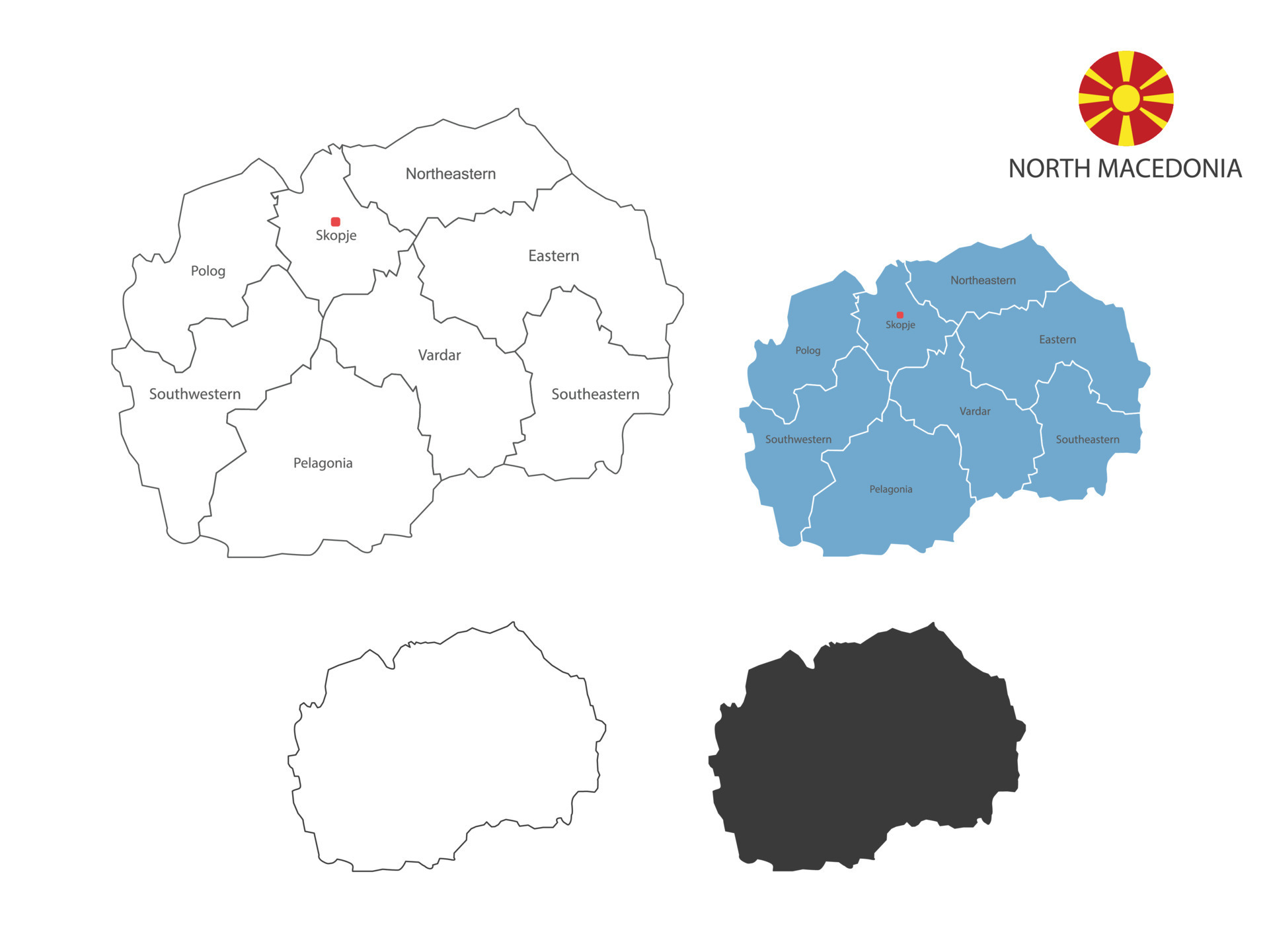 4 style of North Macedonia map vector illustration have all province and mark the capital city