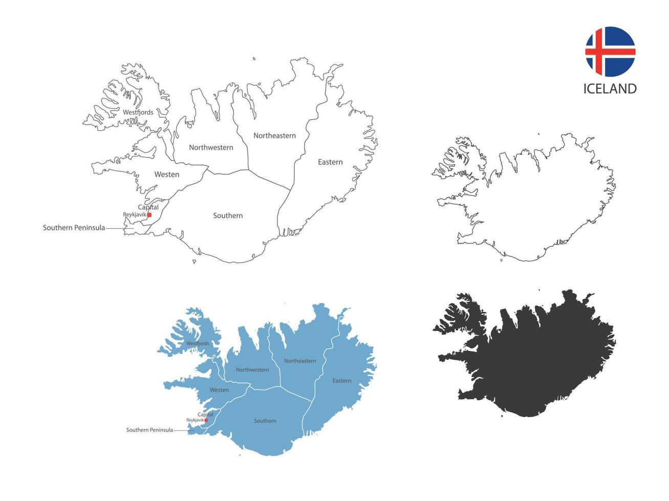 4 estilo de ilustración de vector de mapa de islandia tienen todas las provincias y marcan la ciudad capital de islandia. por estilo de simplicidad de contorno negro delgado y estilo de sombra oscura. aislado sobre fondo blanco.