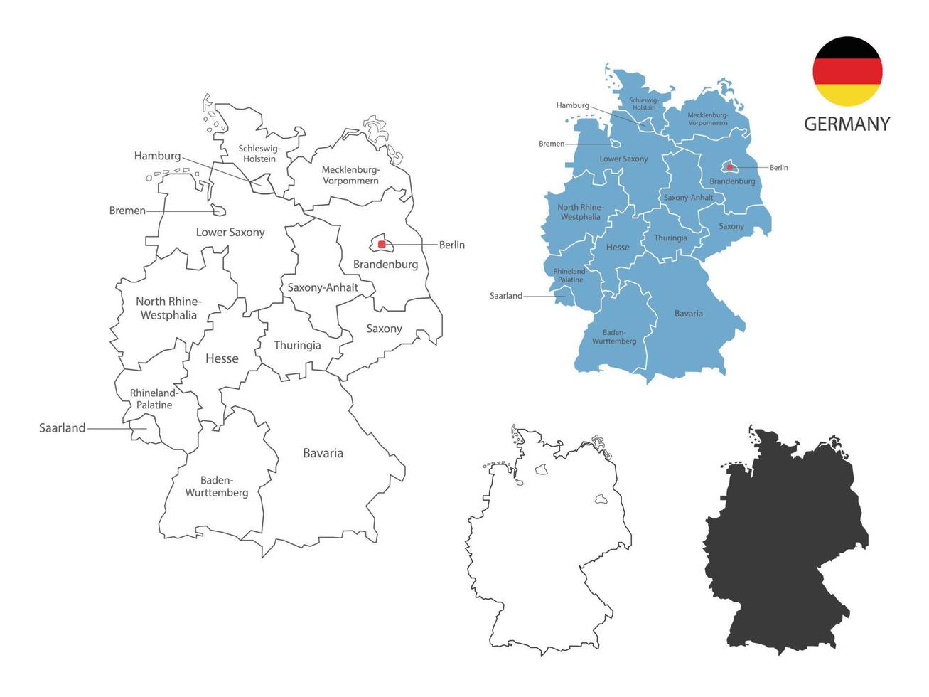 4 estilo de ilustración de vector de mapa de Alemania tiene toda la provincia y marca la ciudad capital de Alemania. por estilo de simplicidad de contorno negro delgado y estilo de sombra oscura. aislado sobre fondo blanco.