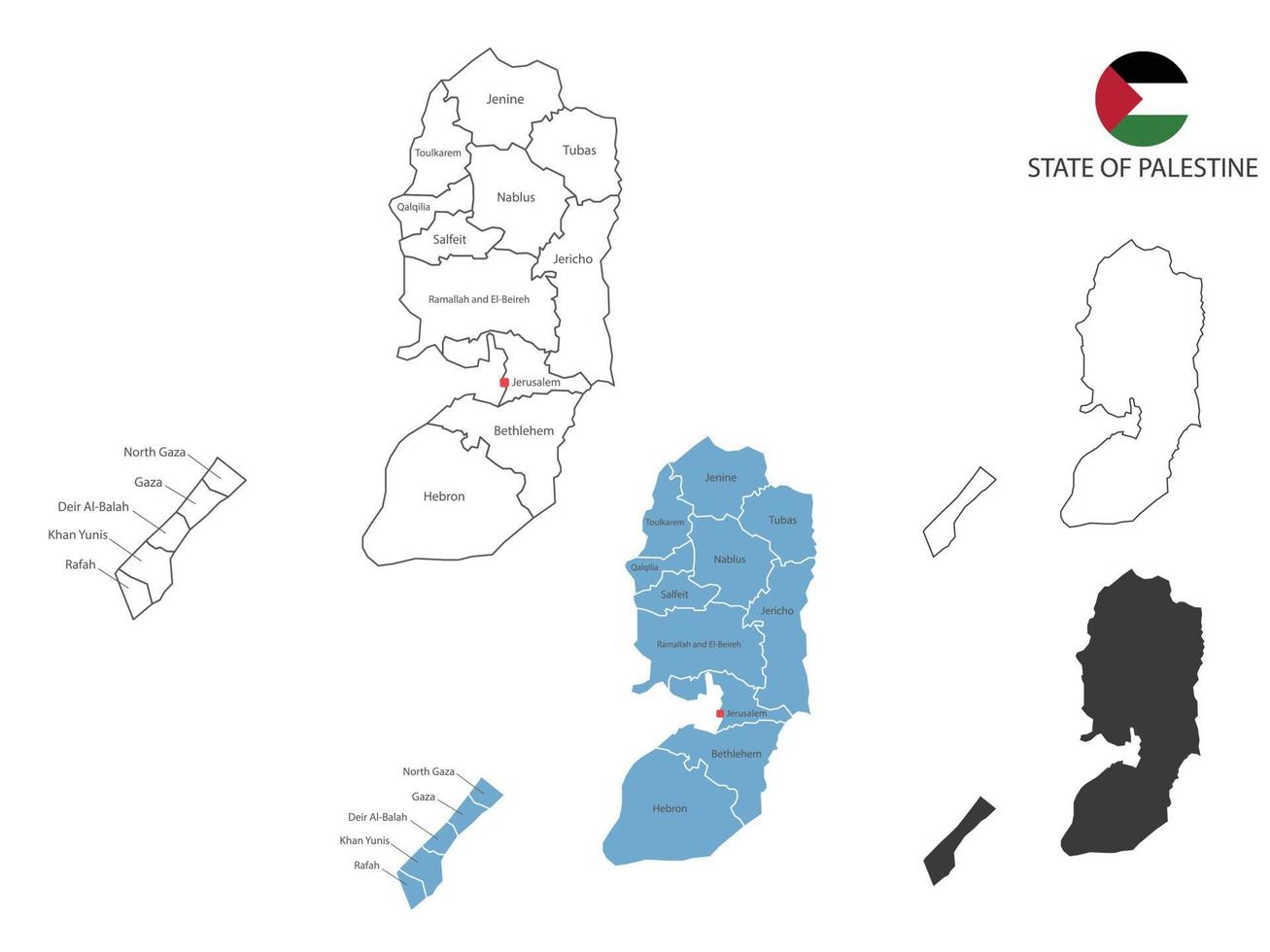 4 style of State of Palestine map vector illustration have all province and mark the capital city of State of Palestine. By thin black outline simplicity style and dark shadow style.