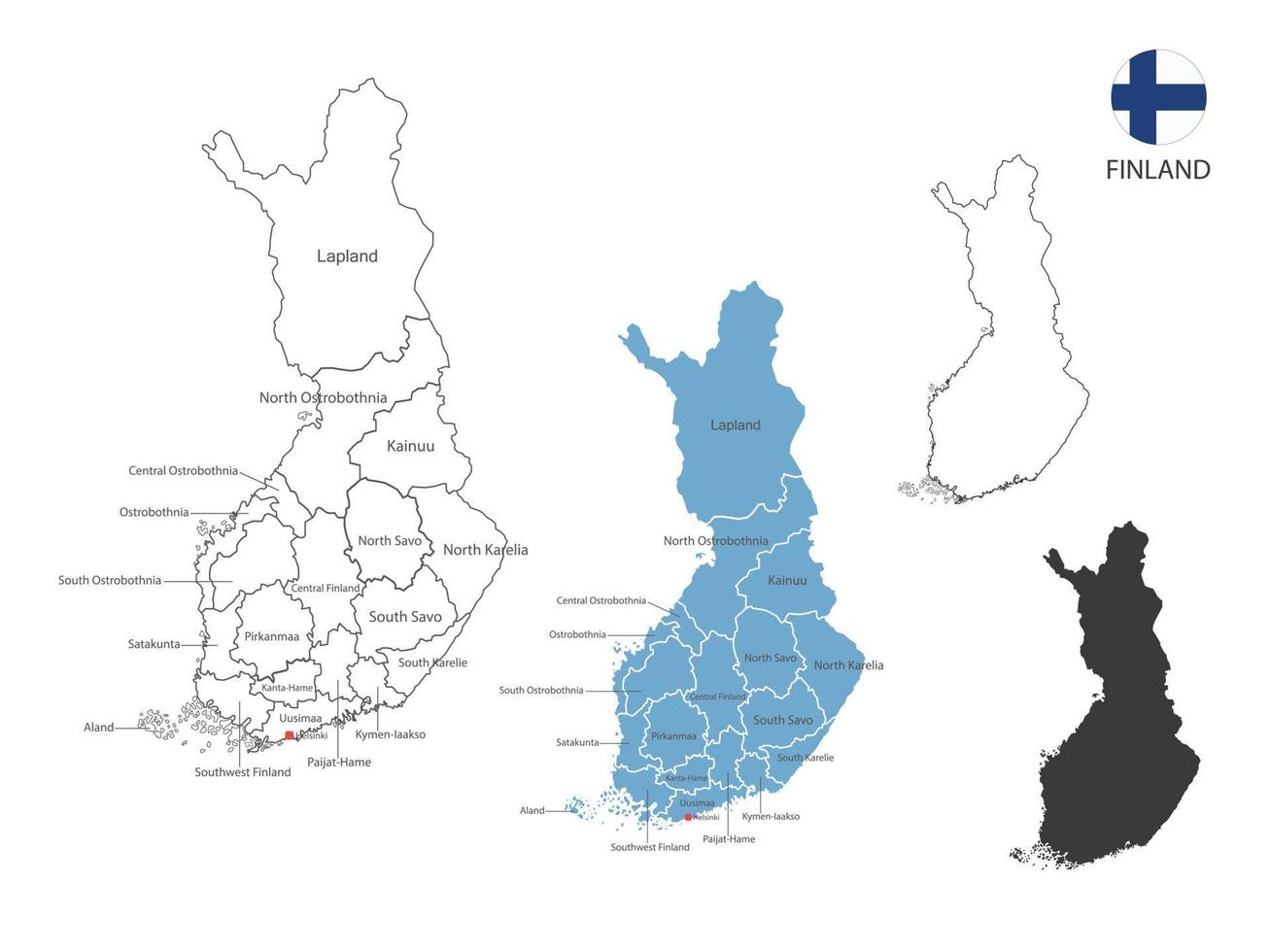 4 style of Finland map vector illustration have all province and mark the capital city of Finland. By thin black outline simplicity style and dark shadow style. Isolated on white background.