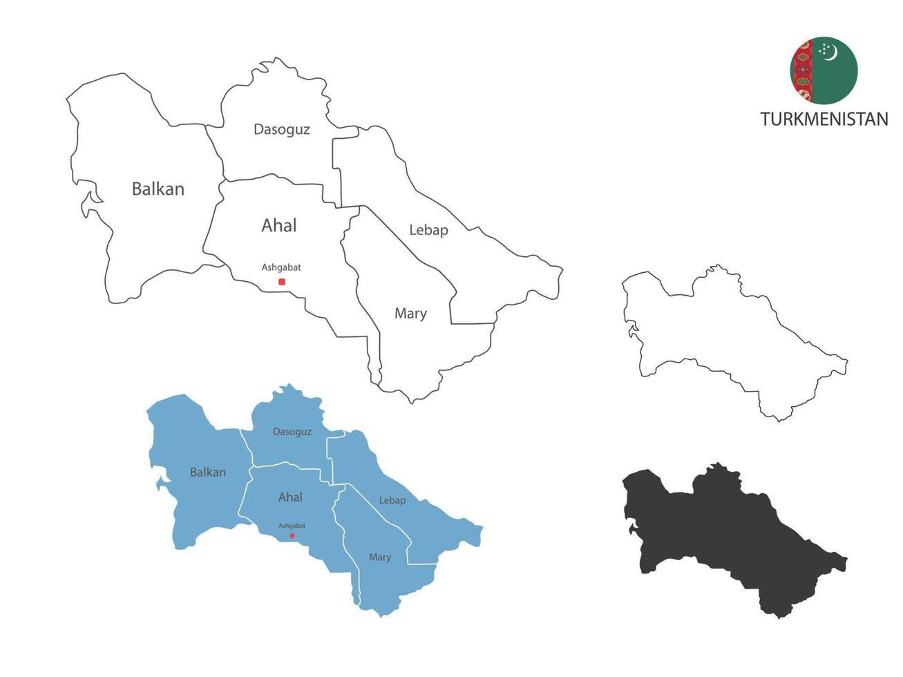 4 estilo de ilustración de vector de mapa de turkmenistán tiene toda la provincia y marca la ciudad capital de turkmenistán. por estilo de simplicidad de contorno negro delgado y estilo de sombra oscura. aislado sobre fondo blanco.