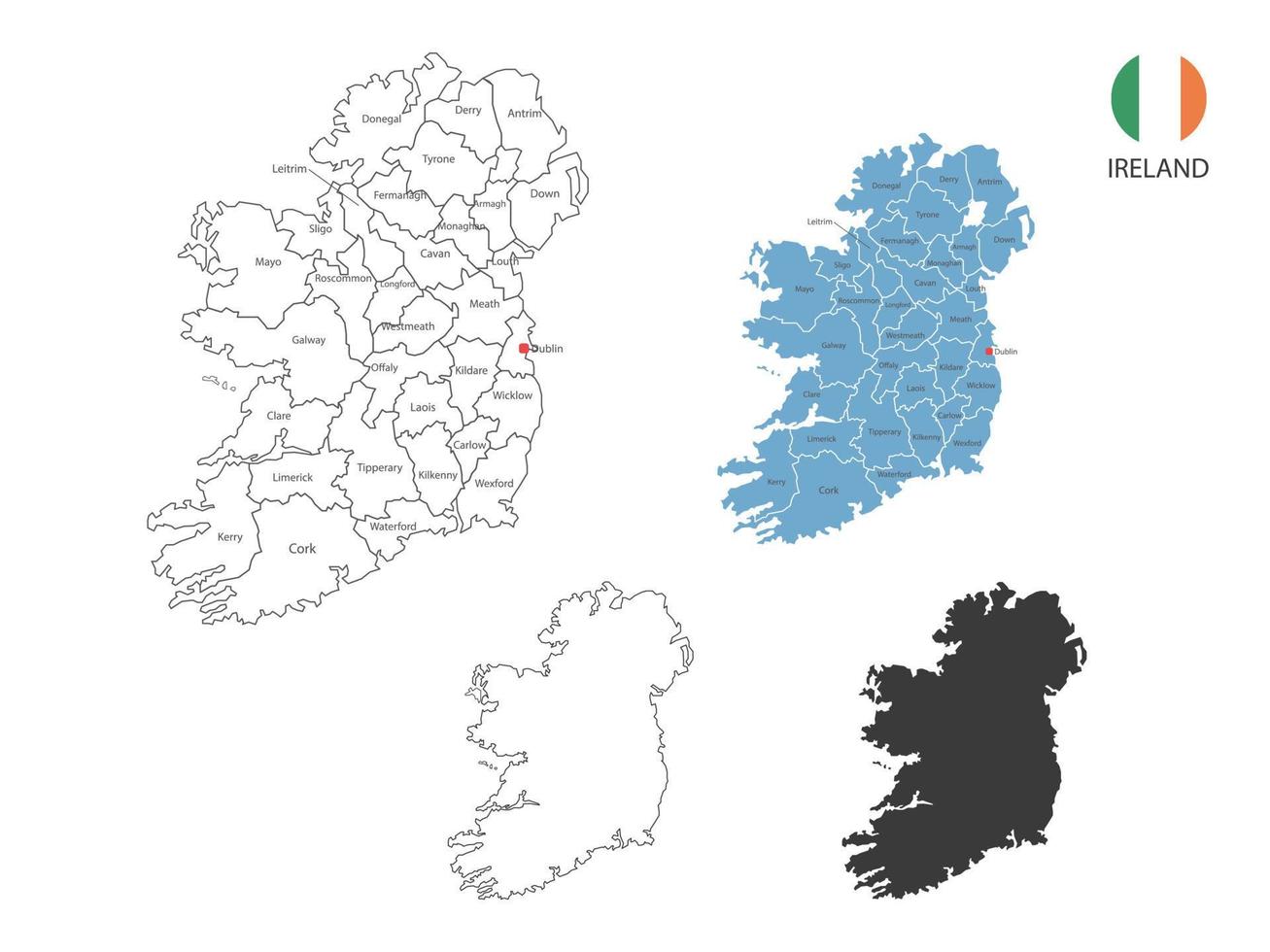 4 style of Ireland map vector illustration have all province and mark the capital city of Ireland. By thin black outline simplicity style and dark shadow style. Isolated on white background.