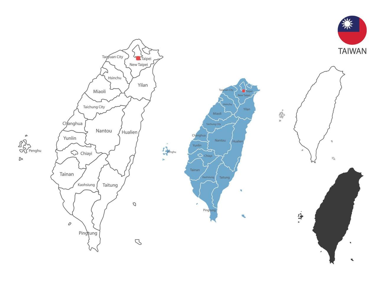 4 estilo de ilustración de vector de mapa de taiwán tiene toda la provincia y marca la ciudad capital de taiwán. por estilo de simplicidad de contorno negro delgado y estilo de sombra oscura. aislado sobre fondo blanco.