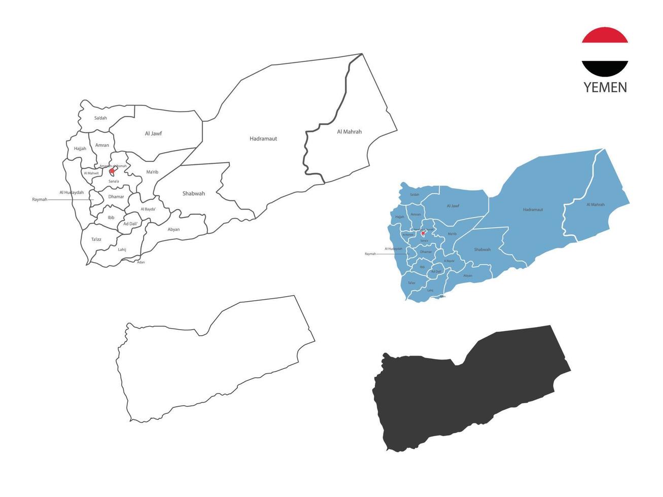 4 estilo de ilustración de vector de mapa de yemen tienen todas las provincias y marcan la ciudad capital de yemen. por estilo de simplicidad de contorno negro delgado y estilo de sombra oscura. aislado sobre fondo blanco.