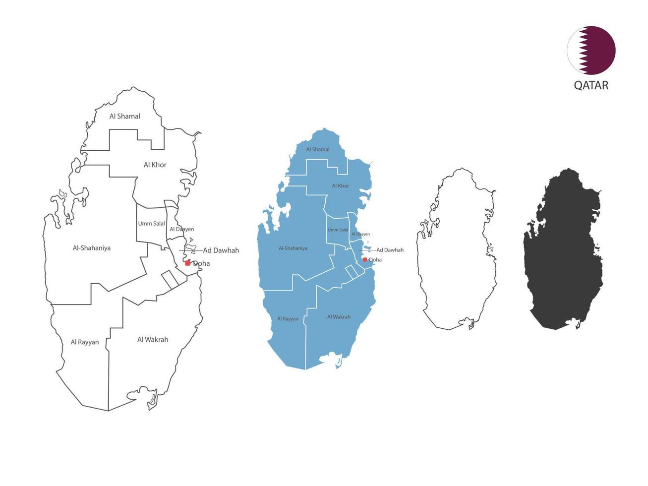 4 estilo de ilustración de vector de mapa de qatar tienen todas las provincias y marcan la ciudad capital de qatar. por estilo de simplicidad de contorno negro delgado y estilo de sombra oscura. aislado sobre fondo blanco.