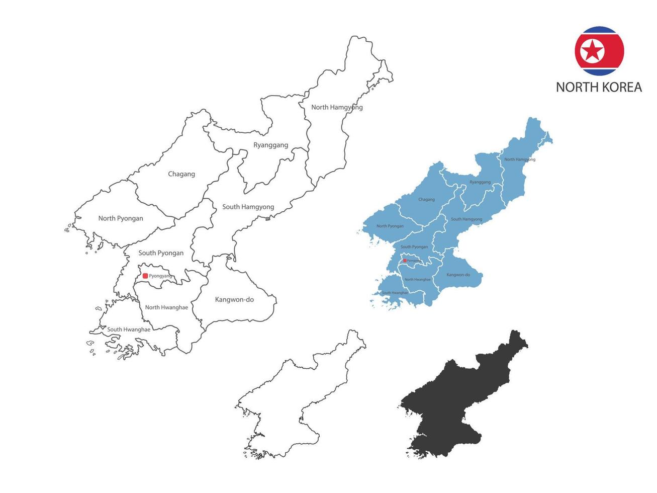 4 style of North Korea map vector illustration have all province and mark the capital city of North Korea. By thin black outline simplicity style and dark shadow style. Isolated on white background.