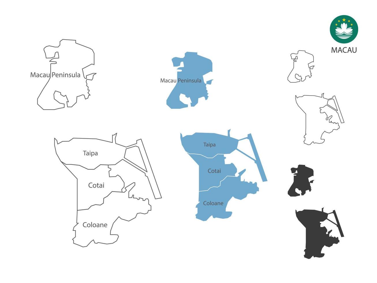 4 style of Macau map vector illustration have all province and mark the capital city of Macau. By thin black outline simplicity style and dark shadow style. Isolated on white background.