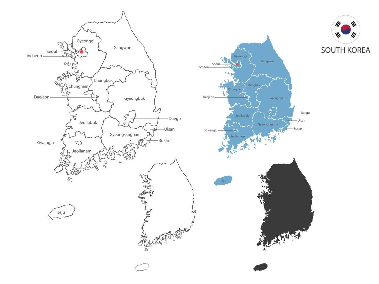 4 style of South Korea map vector illustration have all province and mark the capital city of South Korea. By thin black outline simplicity style and dark shadow style. Isolated on white background.