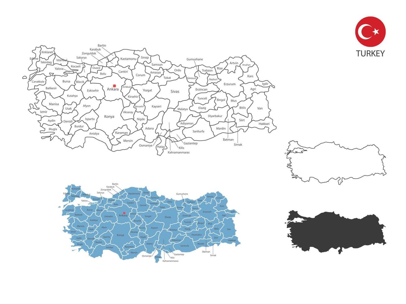 4 style of Turkey map vector illustration have all province and mark the capital city of Turkey. By thin black outline simplicity style and dark shadow style. Isolated on white background.