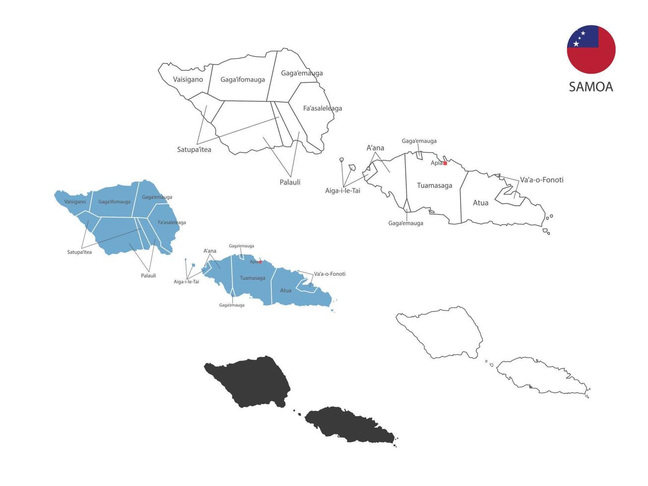 4 estilo de ilustración de vector de mapa de samoa tiene toda la provincia y marca la ciudad capital de samoa. por estilo de simplicidad de contorno negro delgado y estilo de sombra oscura. aislado sobre fondo blanco.