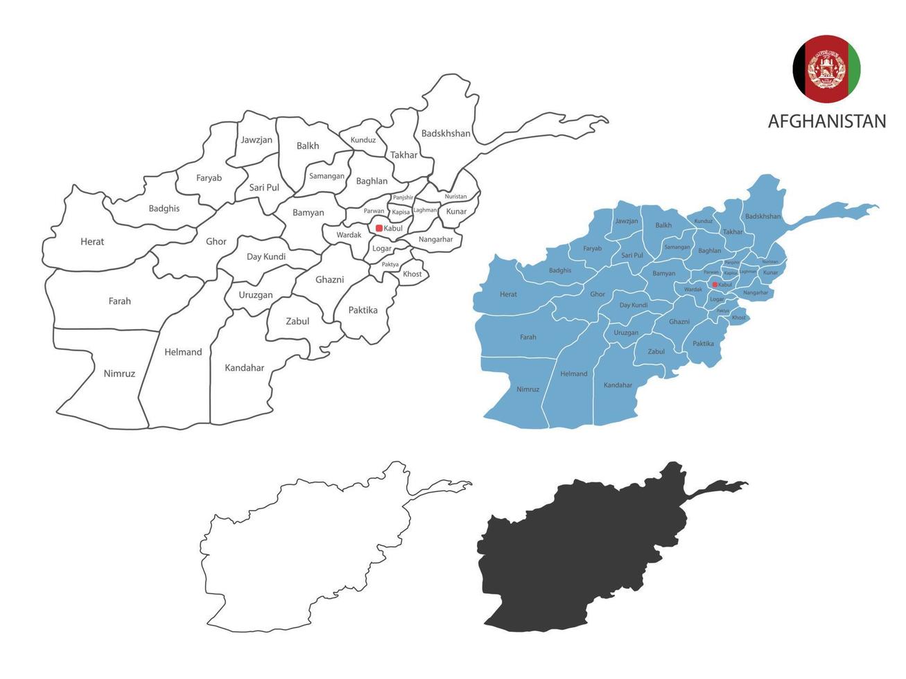 4 style of Afghanistan map vector illustration have all province and mark the capital city of Afghanistan. By thin black outline simplicity style and dark shadow style. Isolated on white background.