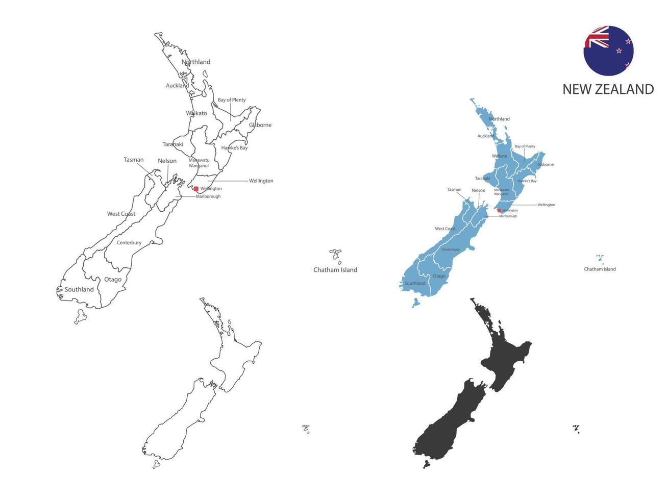 4 style of New Zealand map vector illustration have all province and mark the capital city of New Zealand. By thin black outline simplicity style and dark shadow style. Isolated on white background.