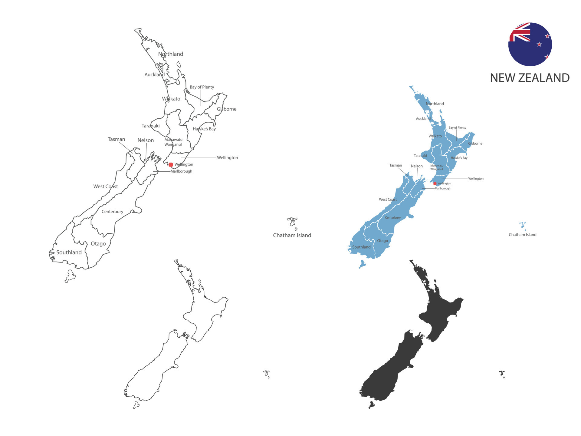 4 Style Of New Zealand Map Vector Illustration Have All Province And 4-style-of-new-zealand-map-vector-illustration-have-all-province-and