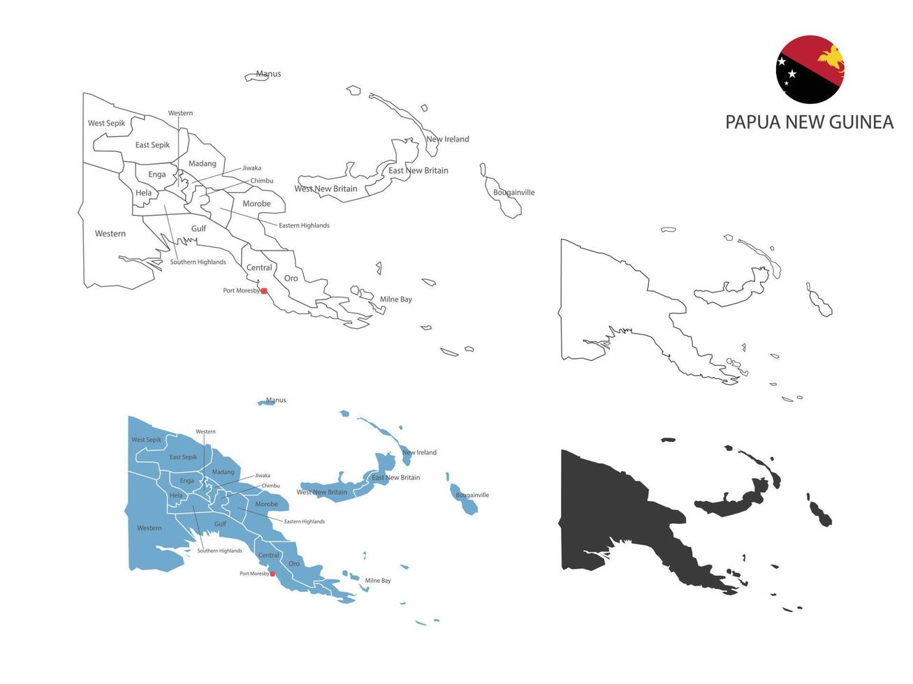 4 style of Papua New Guinea map vector illustration have all province and mark the capital city of Papua New Guinea. By thin black outline simplicity style and dark shadow style.