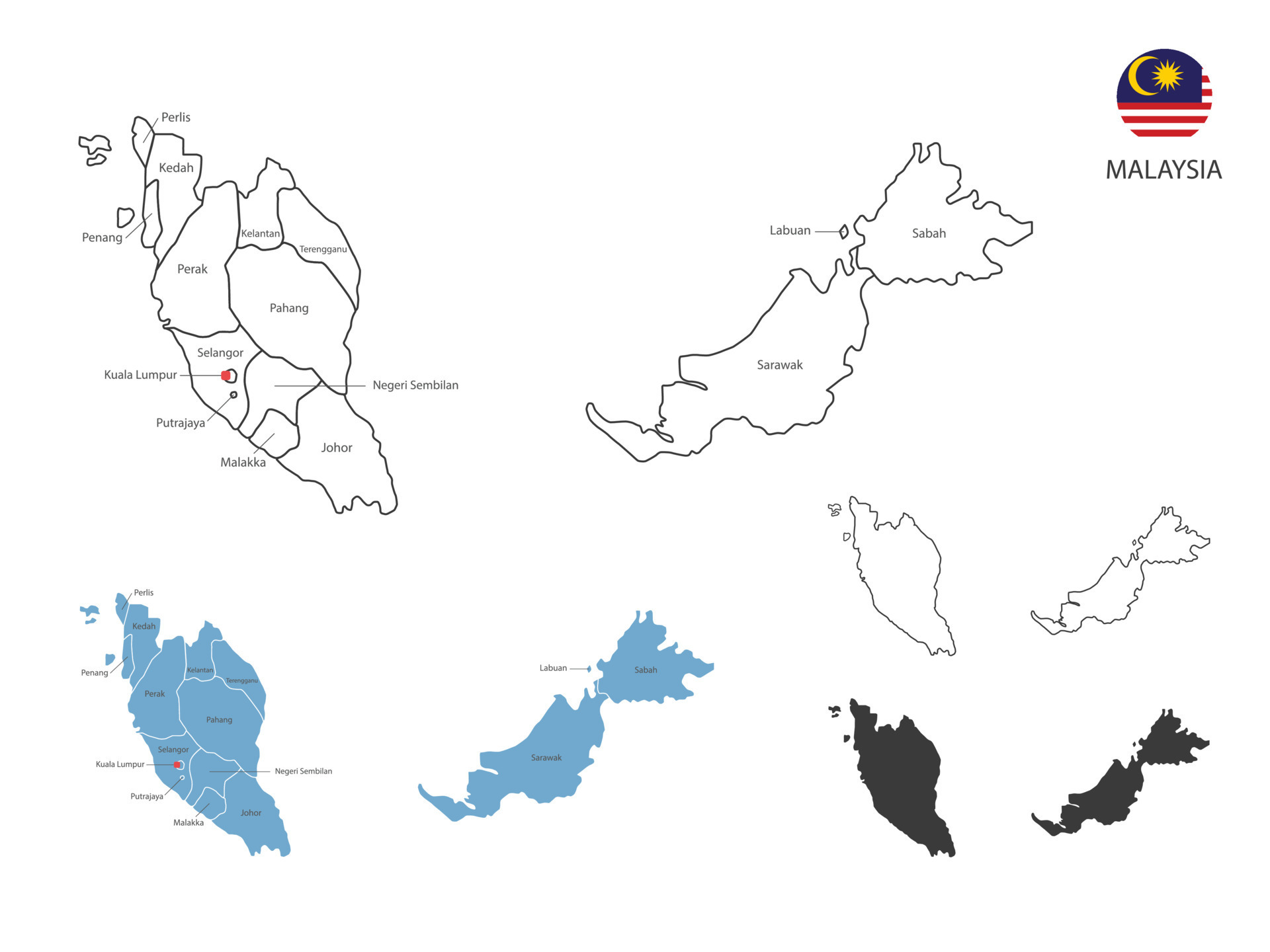 4 estilo de ilustración de vector de mapa de malasia tiene toda la
