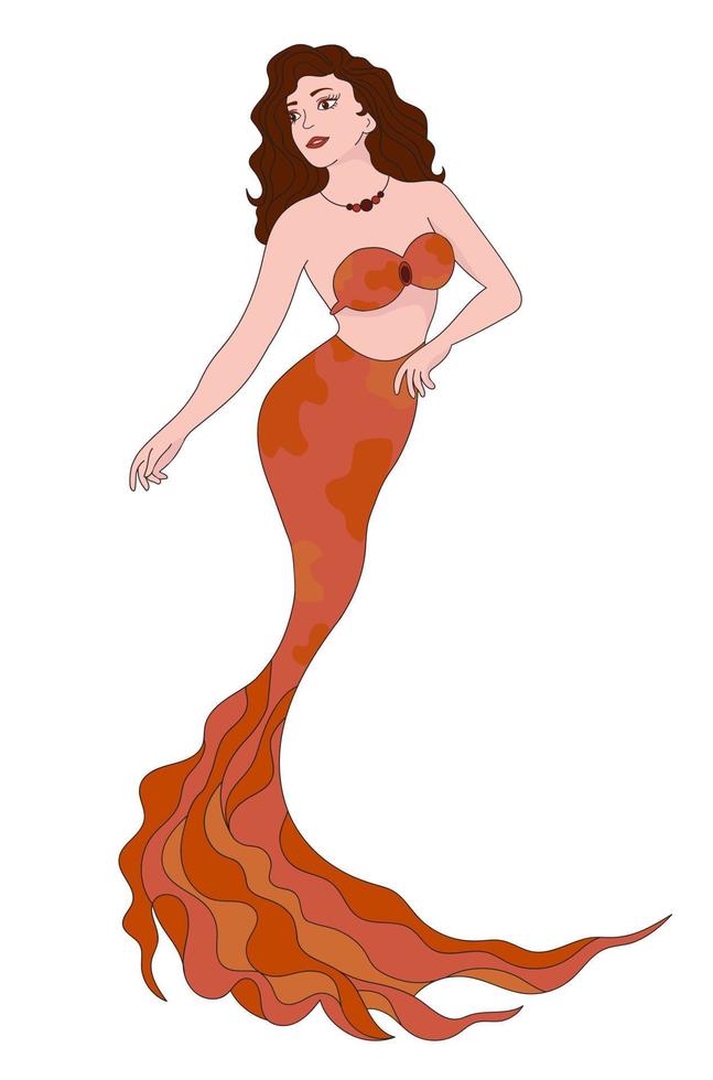 Illustration of a mermaid girl with brown hair and an orange tail and a necklace around her neck vector