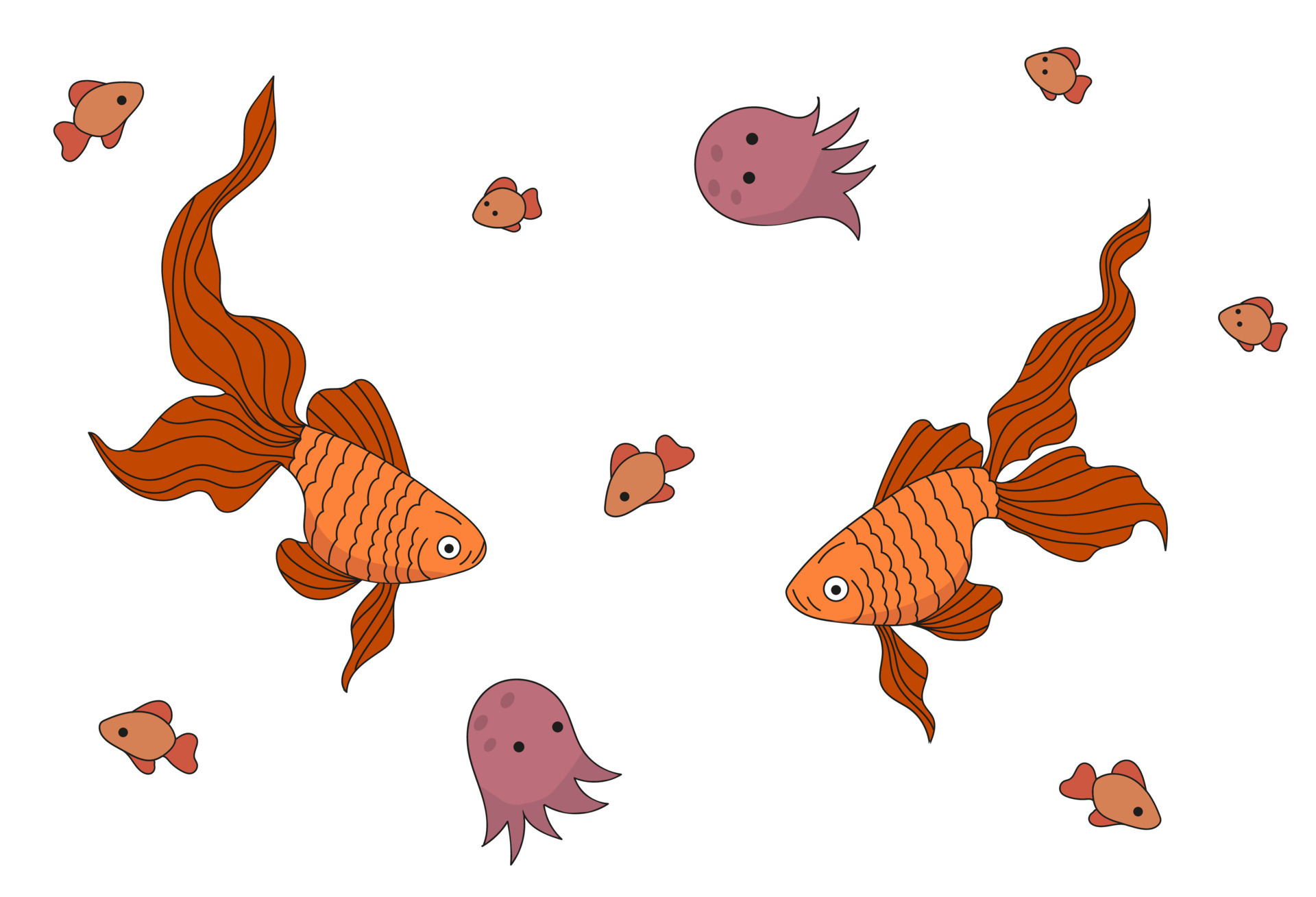 Illustration with marine inhabitants. Orange two fish. Jellyfish and