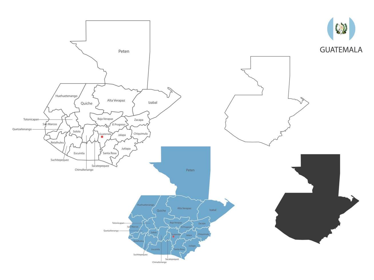 4 estilo de ilustración de vector de mapa de guatemala tiene toda la provincia y marca la ciudad capital de guatemala. por estilo de simplicidad de contorno negro delgado y estilo de sombra oscura. aislado sobre fondo blanco.