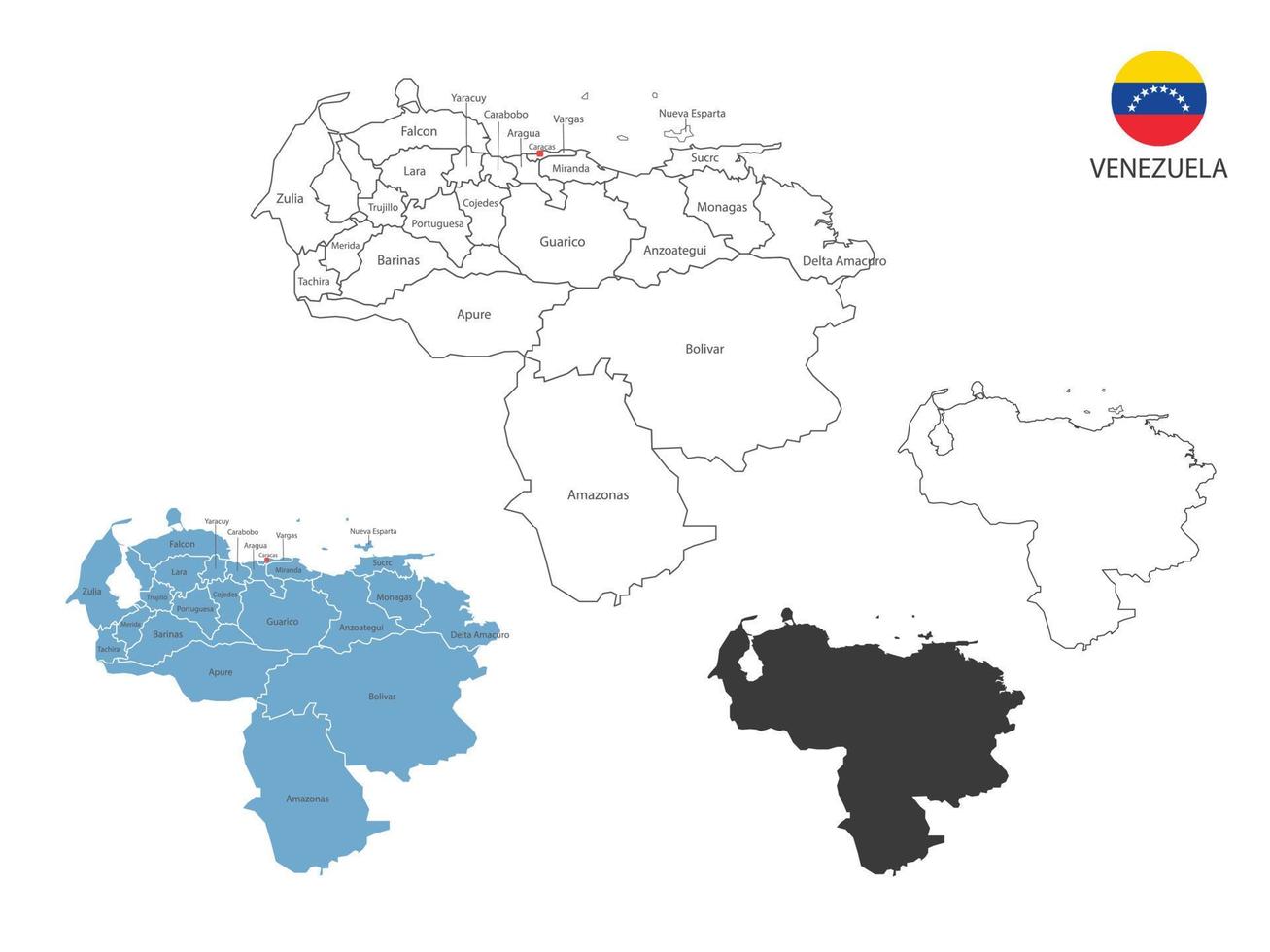 4 estilo de ilustración de vector de mapa de venezuela tiene toda la provincia y marca la ciudad capital de venezuela. por estilo de simplicidad de contorno negro delgado y estilo de sombra oscura. aislado sobre fondo blanco.